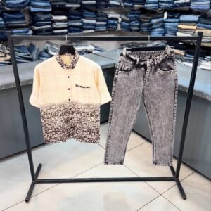 Brown Cream Shirt & Baggy Jeans Gray Set
