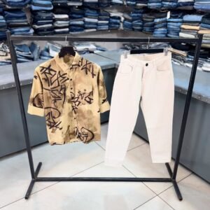 Brown Cream Shirt & White Cream Baggy Jeans  Set