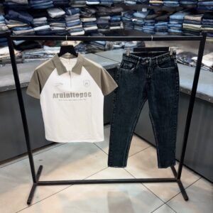 Grey Half Sleeve Chained T-Shirt & Black Baggy Jeans Set