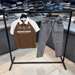 Brown grey & White Half Sleeve Chain T-Shirt & Grey Baggy Jeans