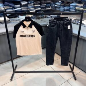 Black Cream Half Sleeve Chained T-Shirt & Black Baggy Jeans Set