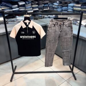 Black Cream Half Sleeve Chained T-Shirt & Grey Baggy Jeans